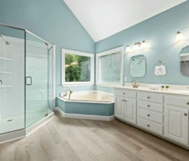 Bathroom Remodel - This bathroom is white and blue and is very simple